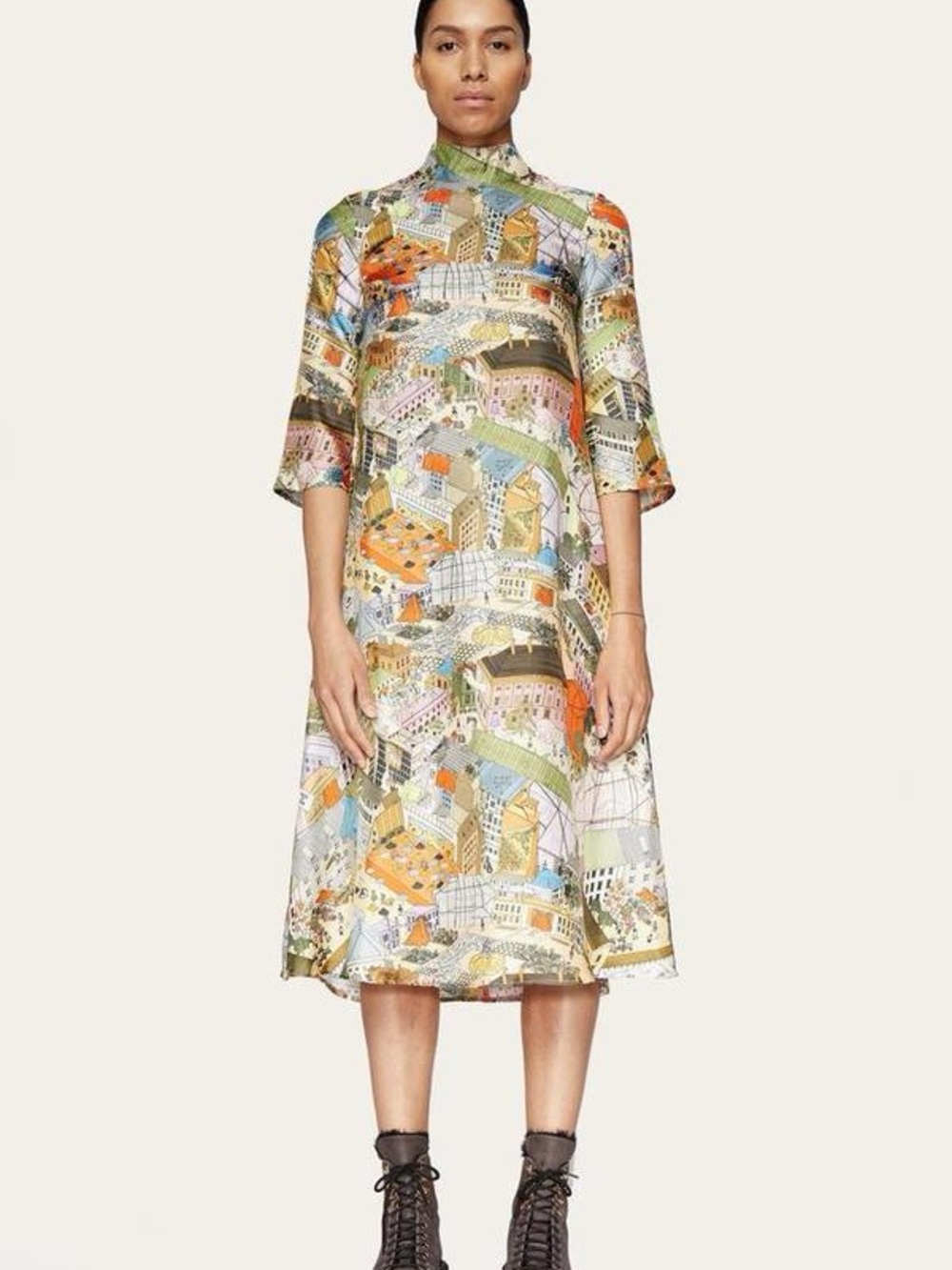 Stine Goya Silk Twill Dean City Print Midi Dress XS